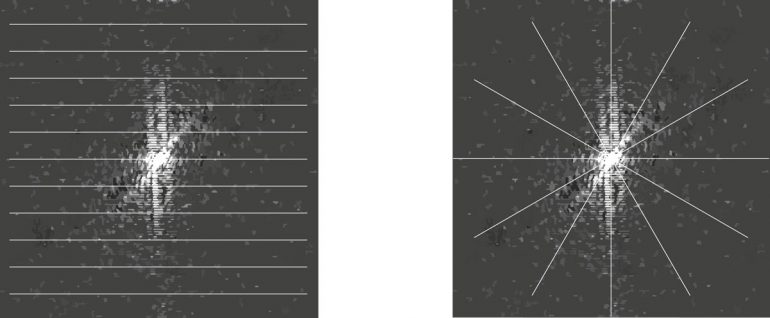 Bisher wurden die Daten zeilenweise ausgelesen (links). Die sternförmige Aufnahme (rechts) benötigt weniger Messlinien und ist dementsprechend viel schneller.